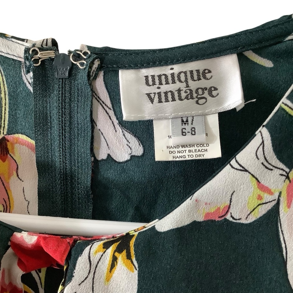 Unique Vintage Dark Green Floral Midi Dress - Picture 3 of 4
